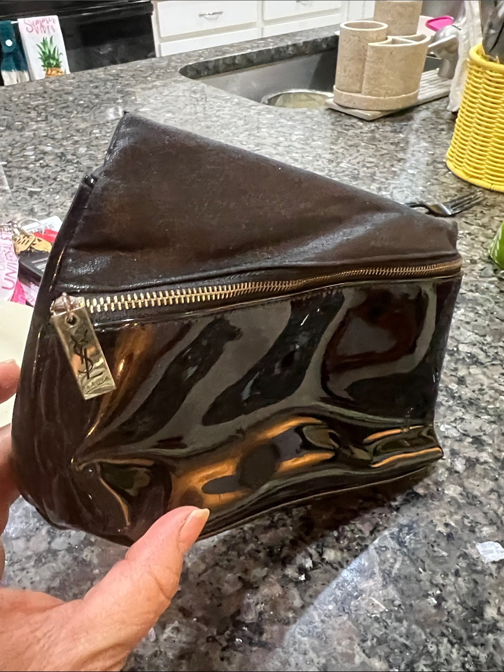 Yves Saint Laurent Black Patent Leather Makeup Pouch with YSL Zip Pull